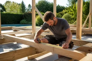 Un charpentier assemble la structure en bois d'un plan pool house 20m2 dans un jardin.