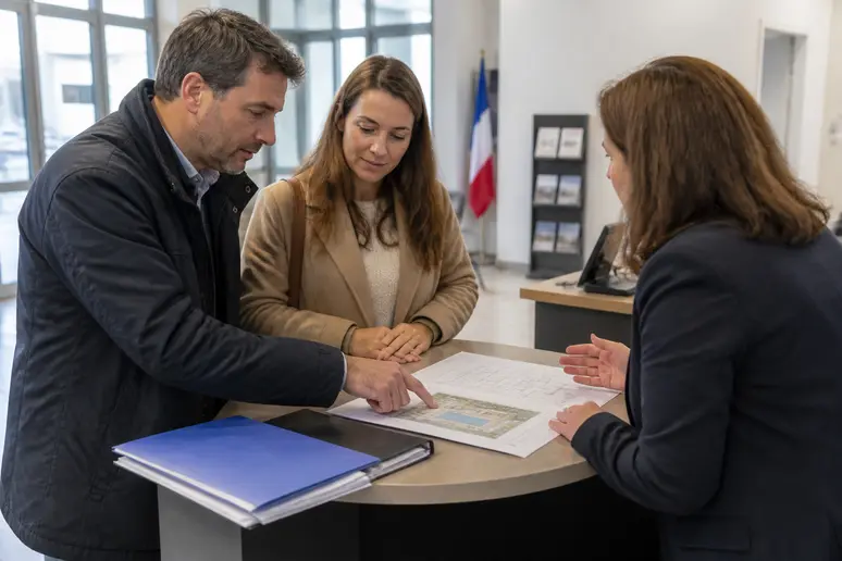 Famille discutant des démarches administratives pour un pool house à la mairie.