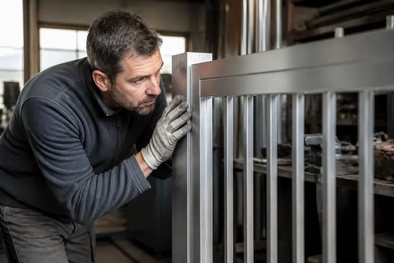 Artisan inspectant un cadre de portail 2 battants en aluminium dans un atelier.