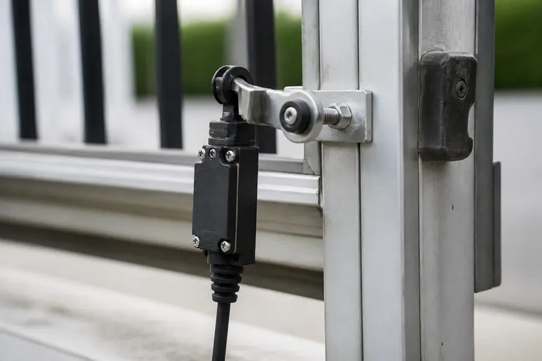 Contacteur de sécurité électrique installé sur le profilé d'un portail coulissant motorisé.