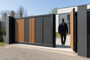 Un portail coulissant avec portillon intégré installé à l'entrée d'une maison moderne.
