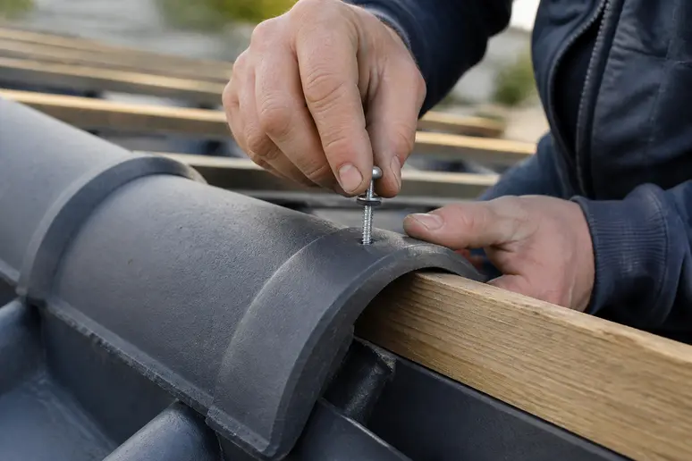 Mains vissant une tuile de faîtage sur une charpente pour fixer solidement la toiture.
