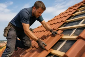 Artisan couvreur posant des tuiles sur une toiture résidentielle en rénovation
