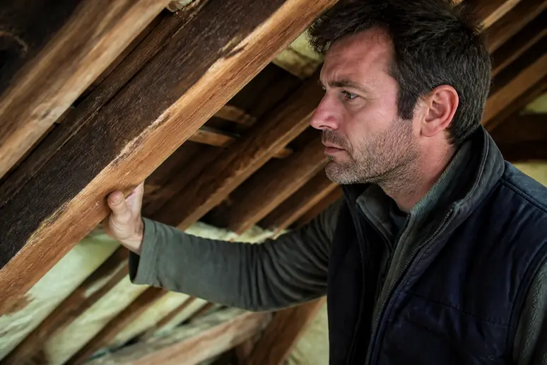 Artisan contrôlant une charpente en bois avant la réalisation des travaux de rénovation énergétique subventionnés