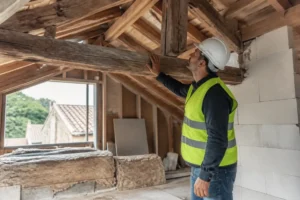 artisan inspectant une charpente en bois lors des travaux provence eco renov dans une maison