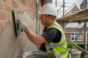 artisan appliquant de l'enduit sur un mur extérieur pour une ravalement définition réussi