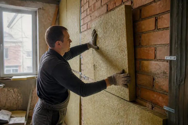 Pose des panneaux d'isolation thermique sur un mur lors de la rénovation d'un appartement ancien