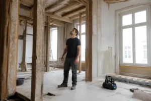 artisan inspectant la structure en bois lors de rénover appartement ancien dans un chantier
