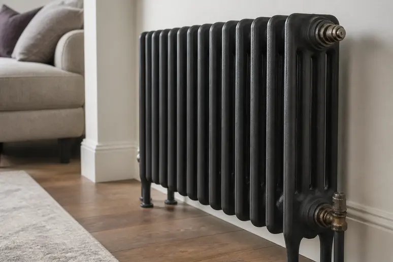 Radiateur en fonte traditionnel installé dans une pièce de vie rénovée et lumineuse