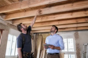 Un artisan et un chef de chantier analysant des poutres en bois avec une societe de renovation