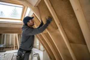 Un artisan pose un panneau de bois lors d'un tableau comparatif isolant thermique dans des combles.