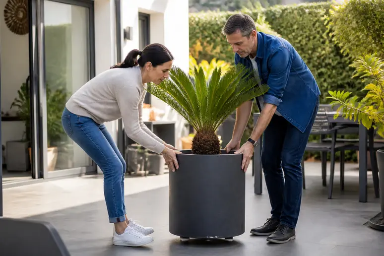 Prévenir les rayures sur une terrasse en résine : un couple installe des protections sous les meubles. Avantage et inconvénient.