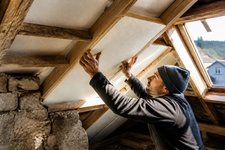 Pose de panneaux isolants rigides entre les chevrons lors de la rénovation thermique de la toiture.