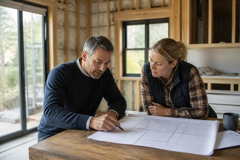 Examen des plans de rénovation globale et de l'audit énergétique avec un conseiller spécialisé.