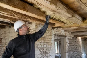 artisan inspectant la charpente en bois sur un chantier de total renovation france