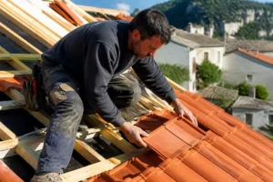 Un artisan couvreur pose soigneusement une tuile mecanique sur la charpente en bois d'une toiture en rénovation.
