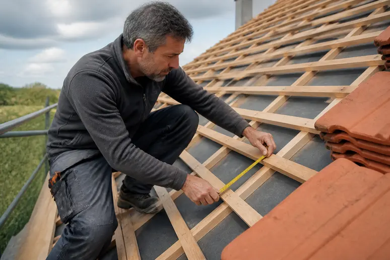 Mesure de l'entraxe des liteaux pour le calepinage d'une toiture en tuiles romanes