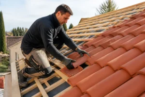 Pose de tuile romane sur la charpente en bois d'une maison en rénovation