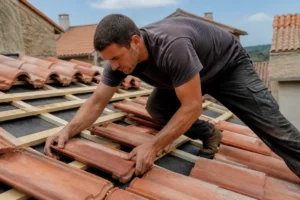 Un artisan pose soigneusement une tuile terre cuite sur la charpente d'une toiture en rénovation.
