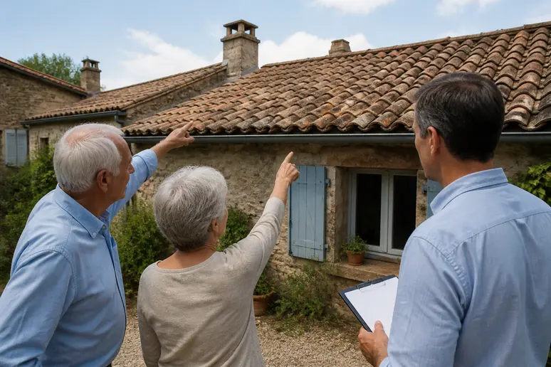 Un couple de propriétaires discute de la longévité de leur toiture en tuiles romanes canal.
