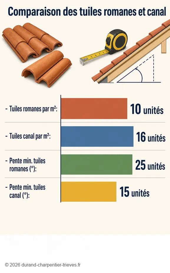 Comparaison du nombre de tuiles romanes canal au m² et des pentes de toiture adaptées.