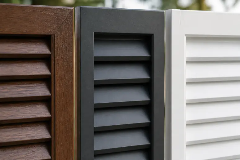 Échantillons de volets battants en bois, aluminium et PVC présentés côte à côte en extérieur