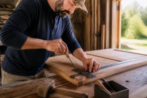 Artisan charpentier ajustant la quincaillerie sur un volet battant en bois dans son atelier lumineux